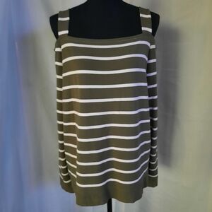 Lauren Ralph Lauren Classic Stripe Top Lg Olive Green White Logo Cold Shoulder